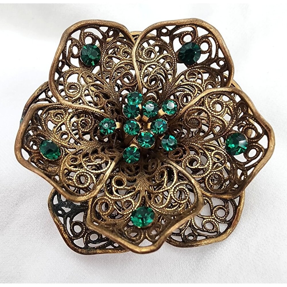 Vintage Brass Filigree Flower Brooch With Emerald Green Rhinestones Gothic